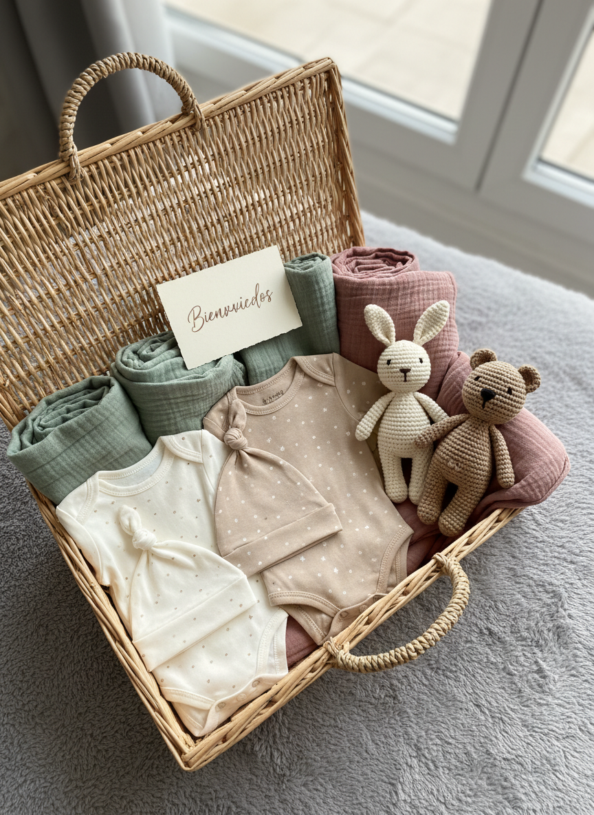 An open canastilla de bebé designed for twin newborns is presented on a soft grey fabric surface: two matching sets of neutral-toned cotton bodies with subtle patterns, two tiny knotted hats, paired muslin swaddles in complementary colors, and two coordinating muñecos de apego—one shaped like a bunny, the other like a bear. A delicate handwritten-style tag reading “Bienvenidos” rests on top. Soft, overcast daylight from above and slightly to the right creates even illumination and soft, cozy shadows. Photographic realism, captured from a slightly elevated angle with moderate depth of field, conveys abundance and harmony while keeping a playful, celebratory mood.