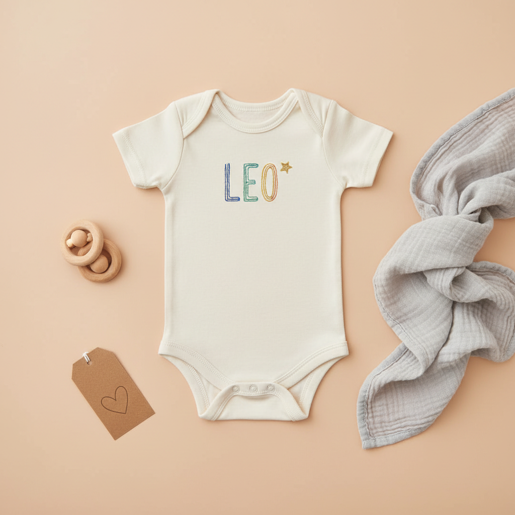 A playful product-hero image of a single personalized baby bodysuit made from ultra-soft organic cotton in warm off-white, laid flat on a smooth, pastel peach background. The bodysuit features the baby’s name embroidered in fine, colorful thread with a tiny star beside it. Around it, carefully placed props include a small wooden rattle, a folded muslin cloth, and a minimalist kraft tag with a heart logo. Bright, diffused studio lighting eliminates harsh shadows, giving a clean, modern, and joyful feel. Shot from directly above with sharp focus, the composition is centered yet airy, ideal for an e-commerce product page showing artisanal quality and customization.