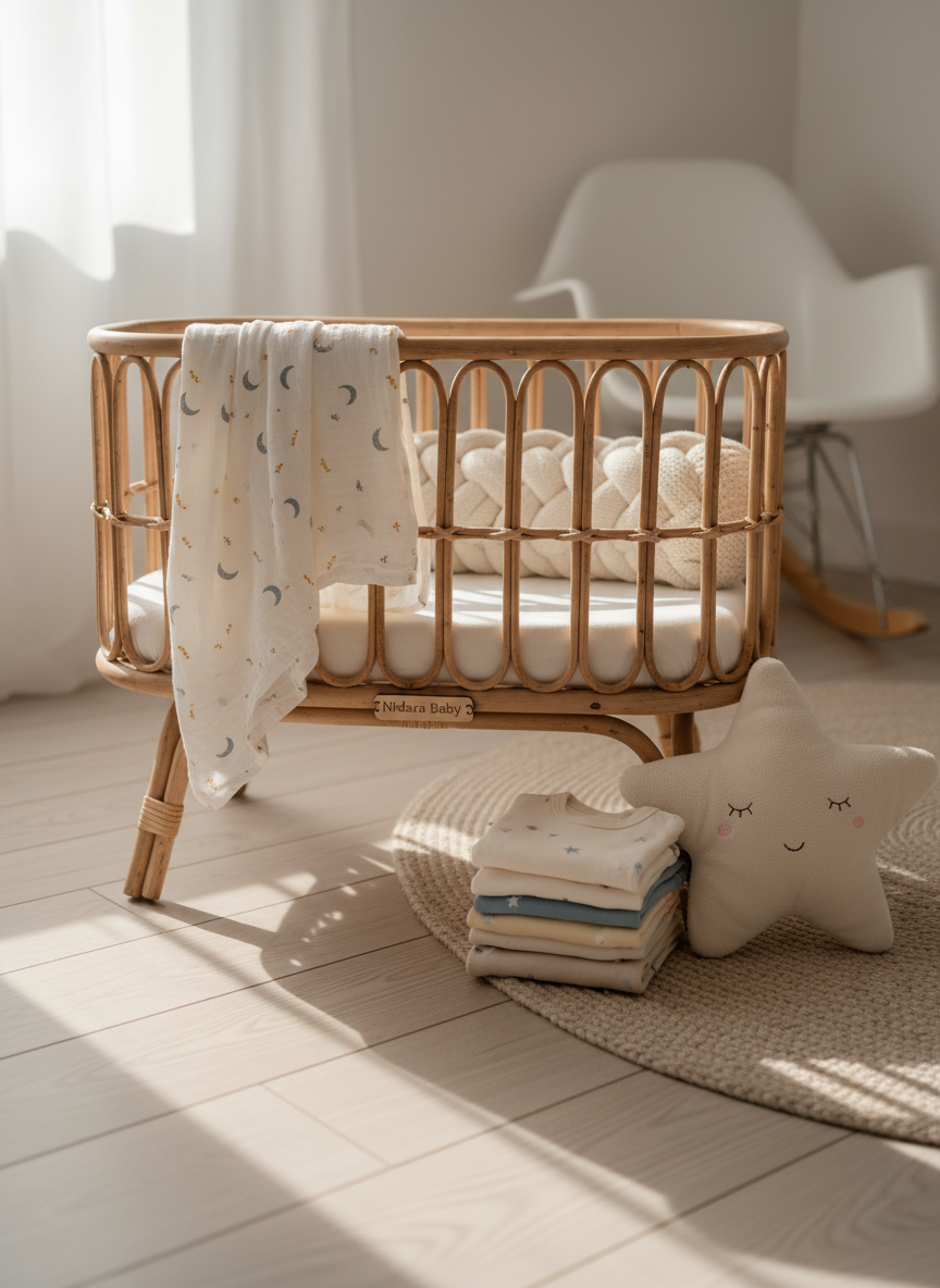 A serene nursery corner styled to showcase a Nidara Baby canastilla: a small natural rattan crib filled with neatly arranged essentials—a folded muslin swaddle with tiny moon prints draped over the side, coordinated bodysuits stacked at the foot, and a plush star-shaped muñeco de apego resting against a knitted cushion. The crib stands on pale wooden flooring beside a soft, round rug. Gentle morning light pours in from an unseen window, creating a peaceful glow and long, soft shadows. Photographic realism with a warm, inviting atmosphere, captured at eye level with moderate depth of field so the crib is sharp while the distant background gently blurs.