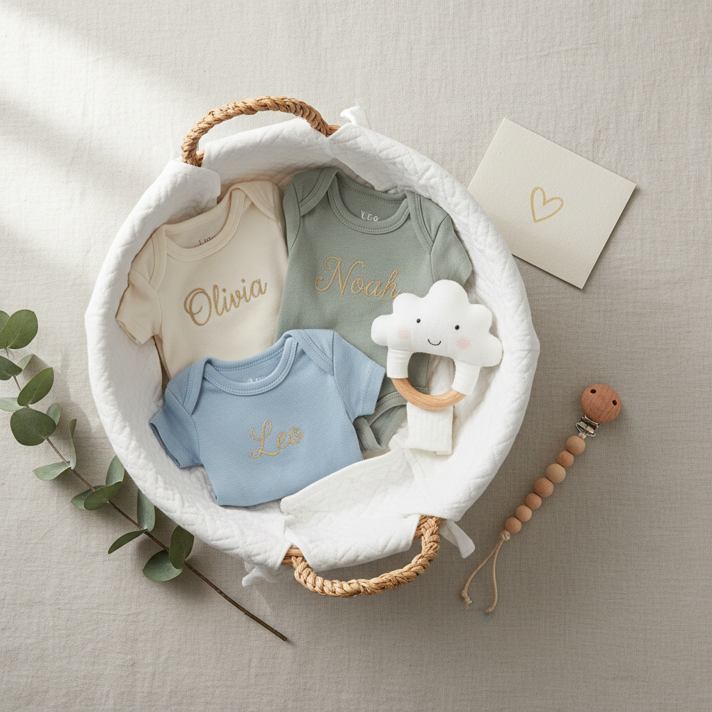An elegant flat lay of a personalized baby gift set is arranged on a pale linen backdrop: a wicker basket lined with quilted cotton, tiny bodysuits with embroidered names in delicate script, a handmade fabric rattle shaped like a friendly cloud, and a folded card with a small heart illustration. Soft diffused window light from the left creates a calm, bright atmosphere with gentle shadows. A sprig of eucalyptus and a wooden pacifier clip add natural, artisanal touches. Captured from a bird’s-eye view with sharp focus throughout, the composition is clean and modern yet playful, perfect for showcasing custom canastillas bebé in photographic realism.